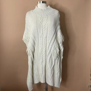 Apt. 9 Cream Cable Knit Poncho One Size Fringe Mock Neck Oversized Sweater